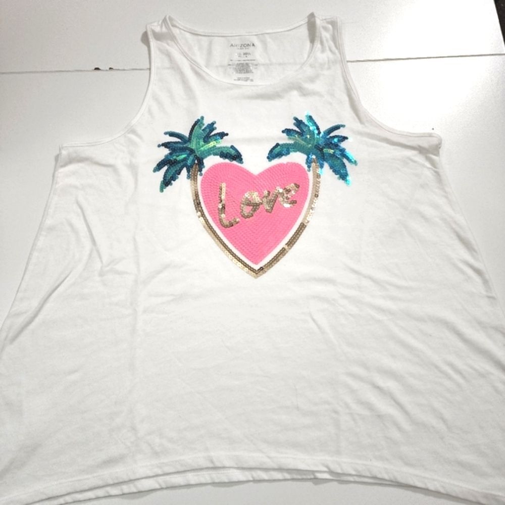 Arizona Girls Plus XXL 20 1/2 Sequin Heart & Palm Trees Tank Top Shirt NEW
